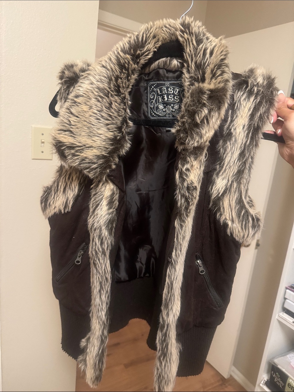 last kiss Faux Fur Hooded Vest in Brown and Taupe